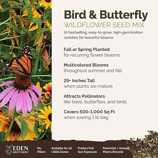 Eden Brothers Bird & Butterfly Wildflower Mixed Seeds for Planting, 1 lb, 480,000+ Seeds with Cosmos, Indian Blanket | Attracts Pollinators, Plant in Spring or Fall, Zones 3, 4, 5, 6, 7, 8, 9, 10