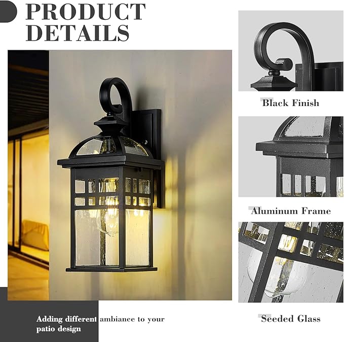 Emliviar Farmhouse 15 Inch Outdoor Wall Sconce, 1-Light Outdoor House Lights with Seeded Glass, Black Finish, DE281B BK