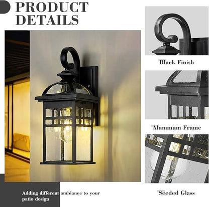 Emliviar Farmhouse 15 Inch Outdoor Wall Sconce, 1-Light Outdoor House Lights with Seeded Glass, Black Finish, DE281B BK