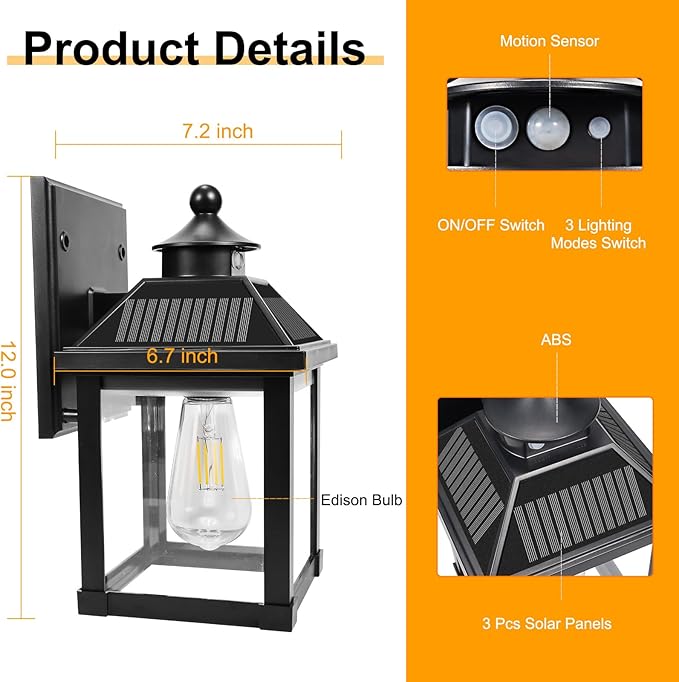 Solar Wall Lights Outdoor, Dusk to Dawn Motion Sensor Lights Waterproof, Solar Porch Lights with 3 Modes & Motion Sensor, Lantern Light Fixture for Patio Garage Entryway Garden