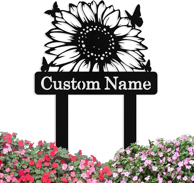 Custom Sunflower Metal Garden Sign with Stake, Personalized Garden Signs for Outside, Customized Garden Name Signs for Yard Lawn Outdoor Decor Gardening Gifts for Moms Grandmas Gardeners