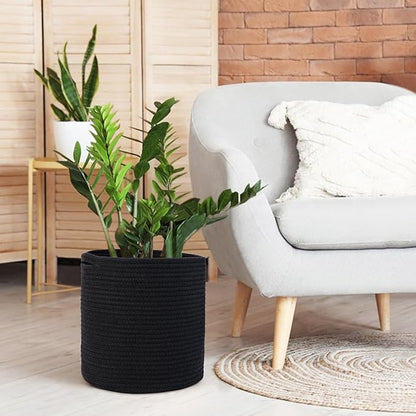 Cotton Rope Plant Basket, Woven Basket Planter for 10 inch Pot, Round Indoor Tree Pot Cover, Small Storage Bin Organizer, Modern Bins for Plants and Home Decor, 11”X11”, Black