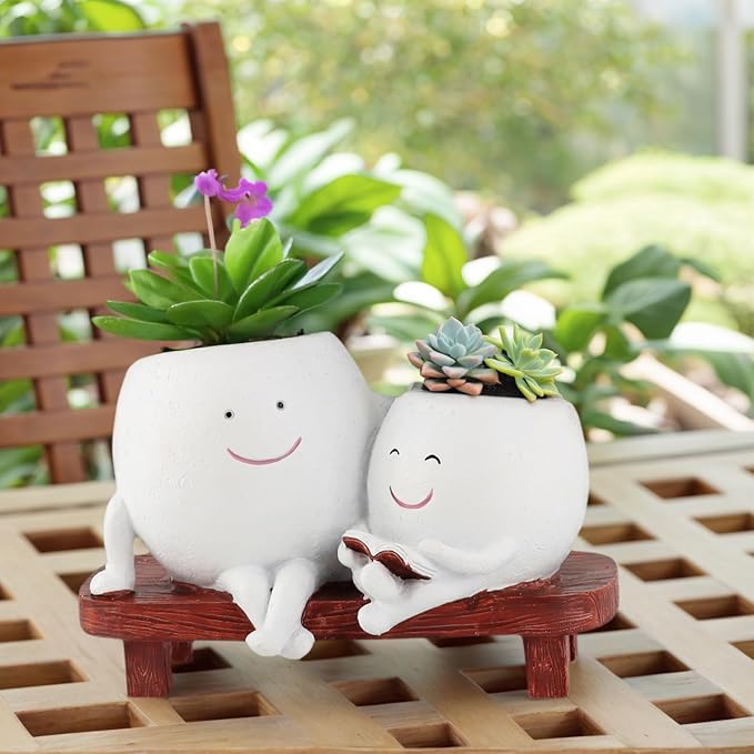 Meltset Cute Face Planter Pot - Funny Double Head Planter Sitting on Bench, Smiley Succulent Pot with Drainage Indoor and Outdoor, Unique Gift for Plant Lovers(White)