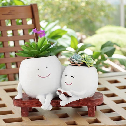 Meltset Cute Face Planter Pot - Funny Double Head Planter Sitting on Bench, Smiley Succulent Pot with Drainage Indoor and Outdoor, Unique Gift for Plant Lovers(White)