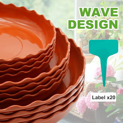 12 Pack White Plant Trays 3 Sizes Plastic Round Wave Plant Saucer Flower Plant Pot Saucer Terracotta Drip Trays for Indoor Outdoor Flower Pots and Planters, with 20pcs Green Plant Labels