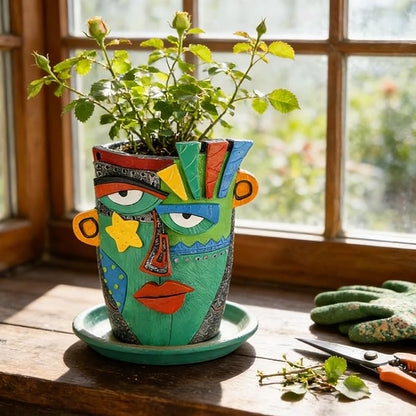 Unique Flower Pots - Abstract Picasso Face Plant Pots, Funky Planters with Drainage for Indoor Plants, Cool Head Planter for Outdoor Garden & Home Decor