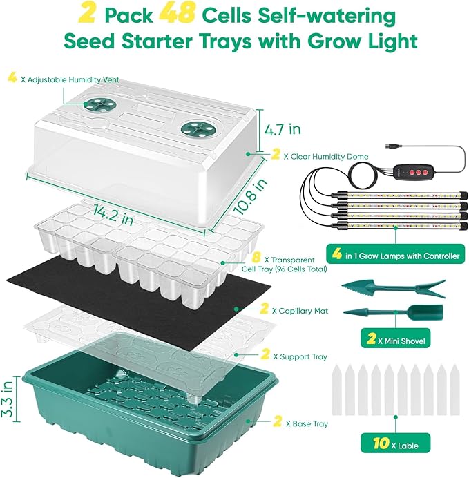 96 Cells Self-Watering Seed Starter Tray with Grow Light, Seed Starter Kit with Adjustable Humidity Dome, Seed Starting Trays Plant Starter Kit for Seeds Growing Starting, Indoor Gardening,Greenhouse