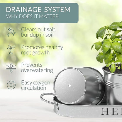 Barnyard Designs Indoor Herb Garden Planter Set with Tray, Metal Windowsill Plant Pots with Drainage for Outdoor or Indoor Plants, Set/3 (Galvanized)