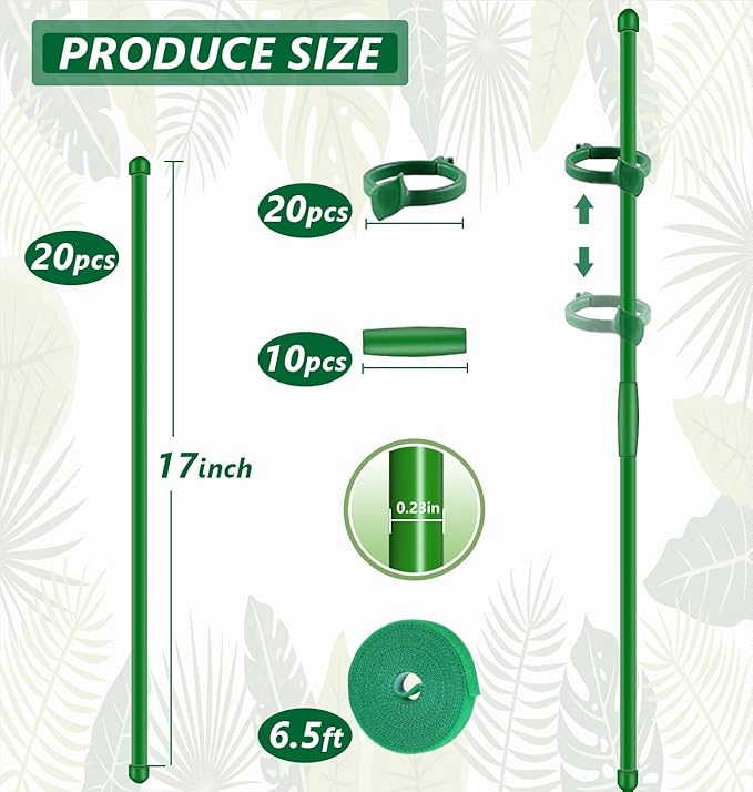 20Pcs Plant Stakes 17inch, Toylin Adjustable Length Plant Support Stake Green Orchid Stick with Clips for Indoor Outdoor,Garden Pole for Potted Orchid Tomato Vegetables