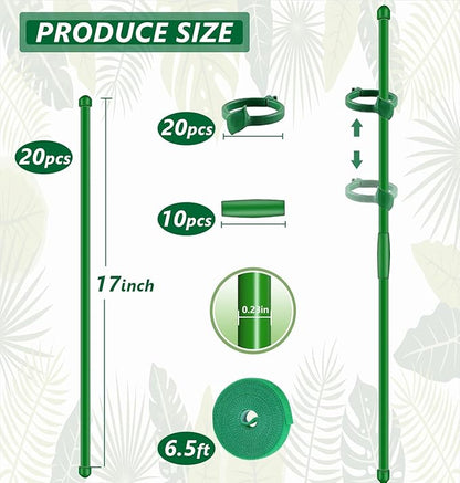 20Pcs Plant Stakes 17inch, Toylin Adjustable Length Plant Support Stake Green Orchid Stick with Clips for Indoor Outdoor,Garden Pole for Potted Orchid Tomato Vegetables