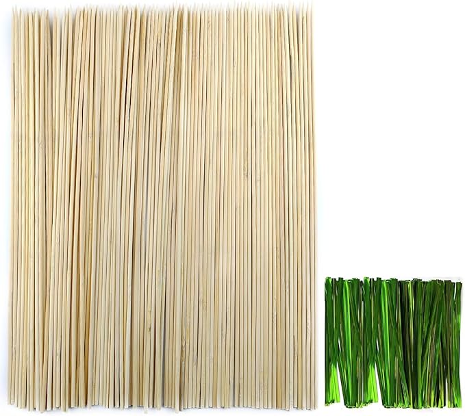 TIHOOD 100PCS 18" Wooden Garden Stakes with 100PCS 4" Garden Ties, Green Bamboo Sticks, Floral Plant Support, Tomato Stakes (Natural)