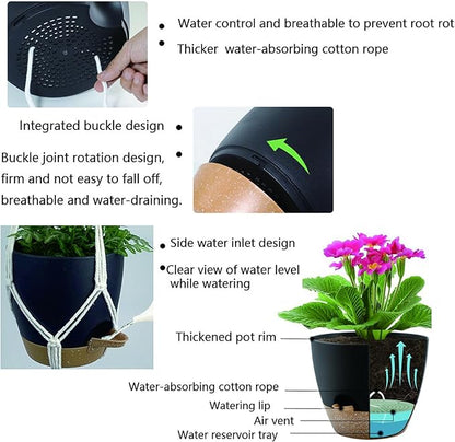 Hanging Planters with Macrame Plant Hangers for Indoor Outdoor Plants,3 Set Hanging Baskets Flower Pots Holders 35‘’/27‘’/21‘’,Self-Watering Pots 7‘’/6‘’/5.5‘’,Boho Home Decor (Black)