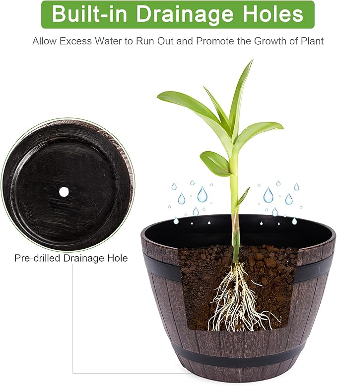 VECELO Plant Pots with Drainage Holes & Saucer, 13 Inch Flower Pots with Tray, 3 Pack Plastic Whiskey Barrel Planters for Indoor & Outdoor Garden Home Plants and Flowers