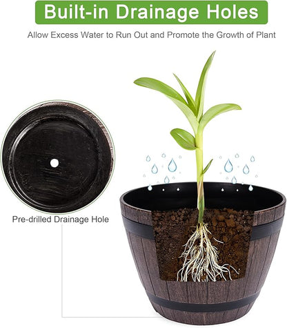 VECELO Plant Pots with Drainage Holes & Saucer, 13 Inch Flower Pots with Tray, 3 Pack Plastic Whiskey Barrel Planters for Indoor & Outdoor Garden Home Plants and Flowers