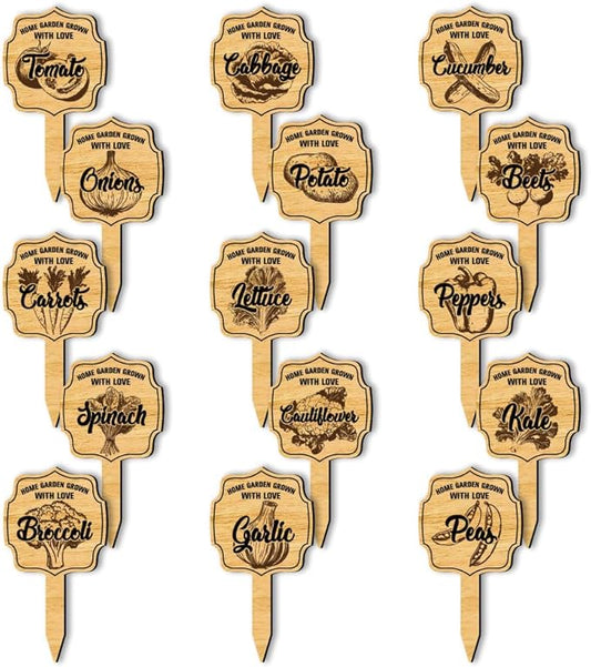 arricraft 15 Pcs Plant Labels, Wooden Markers Irregular Circle Tags Garden Labels with Printed Retro Pattern Wood Garden Stakes for Indoor and Outdoor Potted Vegetable Seed
