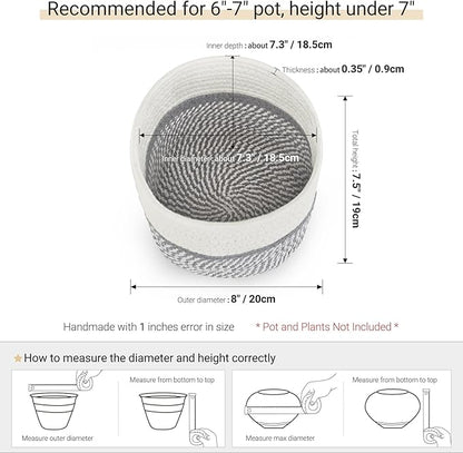 Dahey Jute Cotton Rope Plant Basket Mini Woven Storage Basket for Up to 7" Planter, Decorative Flower Pot Cover Closet Storage Bin Table Desk Organizer Modern Home Decor, Grey