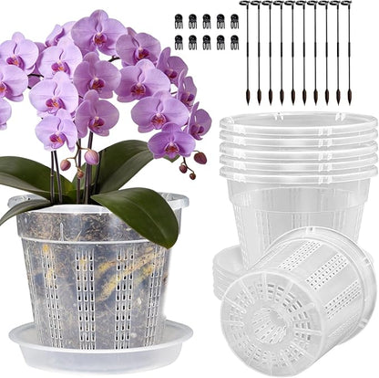 Orchid Pot with Saucers, 6 Pack 6.1" Orchid Pots with Holes and 10Pcs Plant Stakes, Clear Plastic Flower Plant Pot for Indoor Outdoor Plants(6 Pack 6.1" + Saucers)