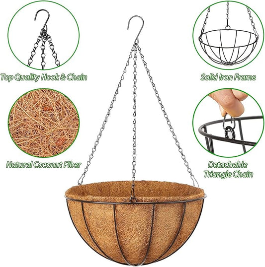 Hanging Baskets Planter for Plants - 4 Pack 12 Inch Metal Baskets with Coco Coir Liner, Hanging Flower Pots for Outside with Chain, Indoor Outdoor Garden Porch Decoration (12'' Pack of 4)