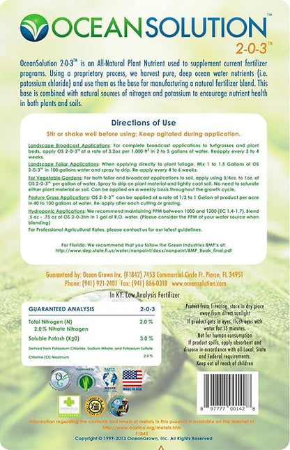 OceanSolution 2-0-3 All Natural Liquid Fertilizer – 32 Oz Concentrated Mineral Fertilizer & Plant Food for Microgreens, Hydroponics, Gardens & Lawns–OMRI Listed, No Odor(1oz per Gallon of Water)