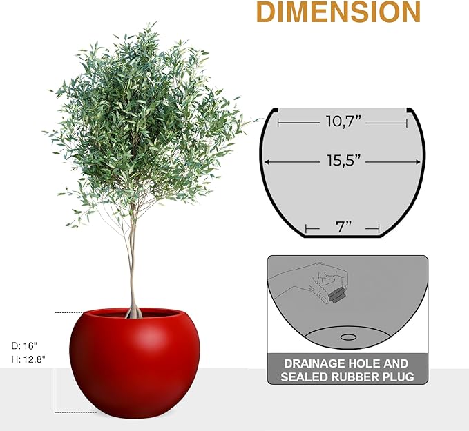 12.8" H x 16" D Red Fiberstone Round Planter with Drainage Hole, Chinese & Lunar New Year Home Decor Pot, Smooth Finish, Weather Resistant Indoor & Outdoor, 2 Coco Mats (10.7" Opening)