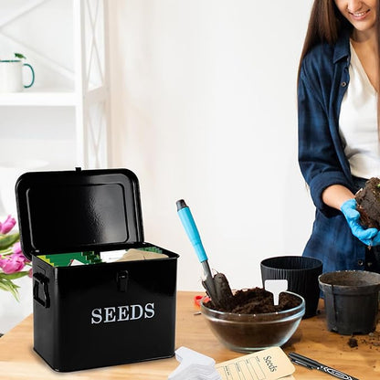 3 Dividers Seed Storage Box, Metal Seed Box Seed Storage Organizer with Safety Lock, Portable Garden Seed Bin, Professional All-in-one Kit, Black