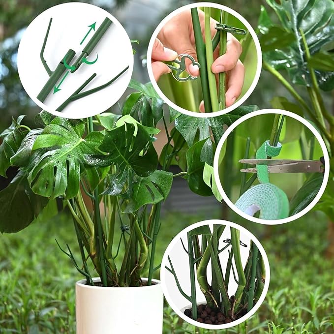 11 Pack Plant Support Set, 5pcs Plant Stakes and 6pcs 17inch Plant Sticks with Extension Poles, Plant Clips, Plant Ties for Potted Monstera Plants, Climbing Plants Tall Potted Plants