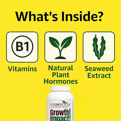 Growth Impact Super Concentrated Vitamin Solution - GS Plant Foods Plant Liquid All Purpose Plant Nutrition Vitamins and Hormones for All Types of Plants, Trees or Turf (8oz)