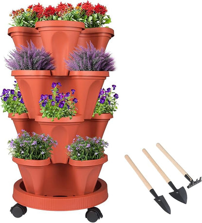 GameXcel Vertical Planter 4 Tier Stackable Planters Garden Planters Strawberry Herb Flower and Vegetable Planter Indoor Outdoor Gardening Pots with Removable Wheels and Tools