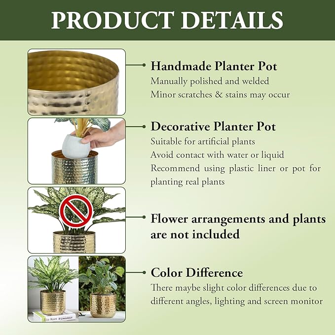 MyGift 6-Inch Shiny Brass Tone Metal Plant Pot with Hammered Texture, Cylindrical Indoor Succulent Planter - Handcrafted in India