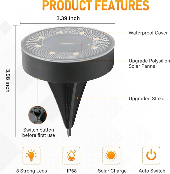 Siatom Solar Ground Lights 8 Pack, IP68 Waterproof Solar In-Ground Light for Outdoor, Flat Landscape Lighting, Garden Disc Light for Pathway, Walkway, and Yard - 8 Pcs (Warm White)