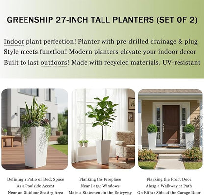 GreenShip 27 inch Tall Planters for Indoor Outdoor Plants, Set of 2 - Large Whitestone Flower Pots with Drainage & Inner Shelf, Modern Decorative Garden Pots for Porch, Patio, Front Door