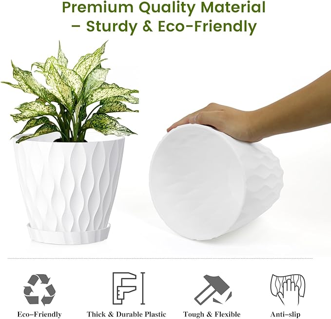 8 Inch Plant Pots, 2 Pack Plastic Planters for Indoor Outdoor with Drainage Holes & Saucers, Waffle Texture Flower Pots for Indoor Plants, Indoor Plant Pots for Monstera, Fiddle Leaf Fig, White
