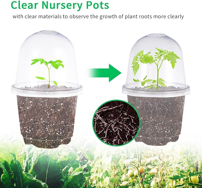 JOPY 4 Inch Plastic Nursery Pots with Humidity Dome for Plants Clear Seed Starter Pots Seedlings Planting Pots for Garden Indoor and Outdoor Small Planter Containers with Drainage Holes (10 Pack)
