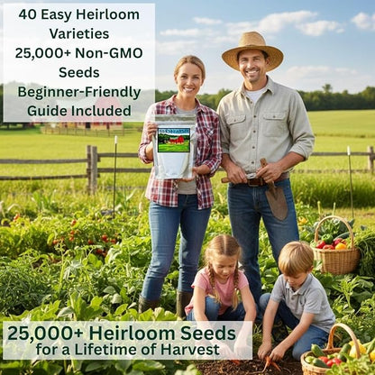 40 Vegetable & Fruit Seeds for Planting Your Outdoor & Indoor Home Garden. 25,000 Seeds, 40 Plant Markers, Growing Guide, & Survival Package. Heirloom Non-GMO Veggies by B&KM Farms (1, Large)
