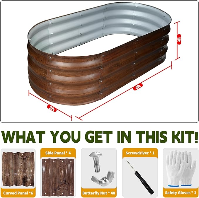 Galvanized Raised Garden Bed Outdoor, Large Raised Bed for Gardening, 2Pcs 4x2x1ft Oval Metal Planter Box for Vegetables, Fruits, Flowers, Dark Brown Wood Grain