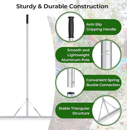 IRONMAX Landscape Rake, 36’’W Aluminum Garden Leaf Rake with 68’’ Long Handle & 36 Tines, Lightweight Yard Landscaping Rake for Loosening Soil, Lawn Care, Lake and Beach Care