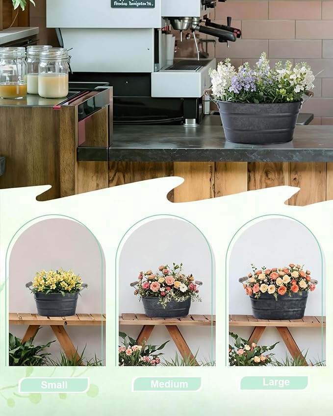 Galvanized Metal Oval Planter Buckets with Handles – 3 Pcs Rustic Farmhouse Flower Tubs with Drain Holes & Plugs, Vintage Small Pots for Herbs, Succulents, Wedding or Tabletop Decor (Galvanized Black)