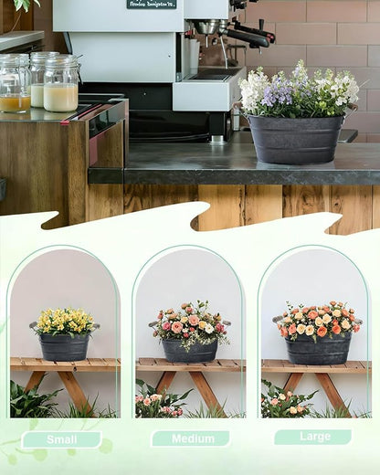 Galvanized Metal Oval Planter Buckets with Handles – 3 Pcs Rustic Farmhouse Flower Tubs with Drain Holes & Plugs, Vintage Small Pots for Herbs, Succulents, Wedding or Tabletop Decor (Galvanized Black)