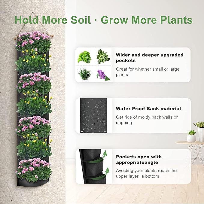 iPower 2 Pack Hanging Vertical Wall Planter 7 Pockets Upgraded Deeper Waterproof Herb Flower Growing Pouch Felt Cloth, for Garden Yard Courtyard Fence Home, Balcony Office Decoration