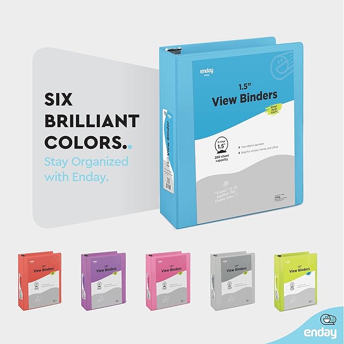 3 Ring Binder 1.5 Inch Blue, 1 ½ inch Binder Clear View Cover with 2 Inside Pockets, Colored School Supplies Office and Home – by Enday