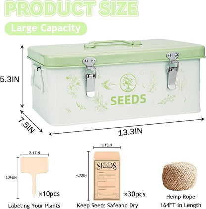 Seed Storage Box, Seed Storage Organizer with Garden String, 30 Seed Envelopes and Bamboo Plant Labels, 4 Compartments Garden Seed Organizer Box with Safety Locks, Light Green