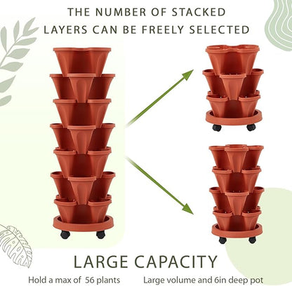 Umigy 2 Set of 7 Tier Vertical Planter Stackable Tower Planters Strawberry Herb Flower and Vegetable Pots Indoor Outdoor Gardening Pots with Removable Wheels and Tools(Brick Red)