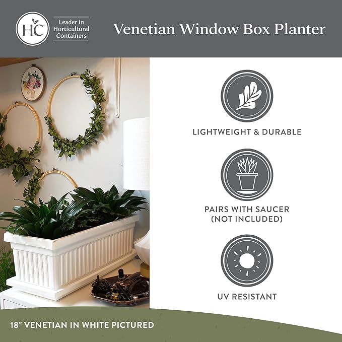 The HC Companies Venetian Window Planter Box w/Drain Plug - Long Planter Box for Windowsills, Balconies & More - Plastic Large Rectangular Planters for Herbs & Flowers (24" Chocolate, Pack of 1)
