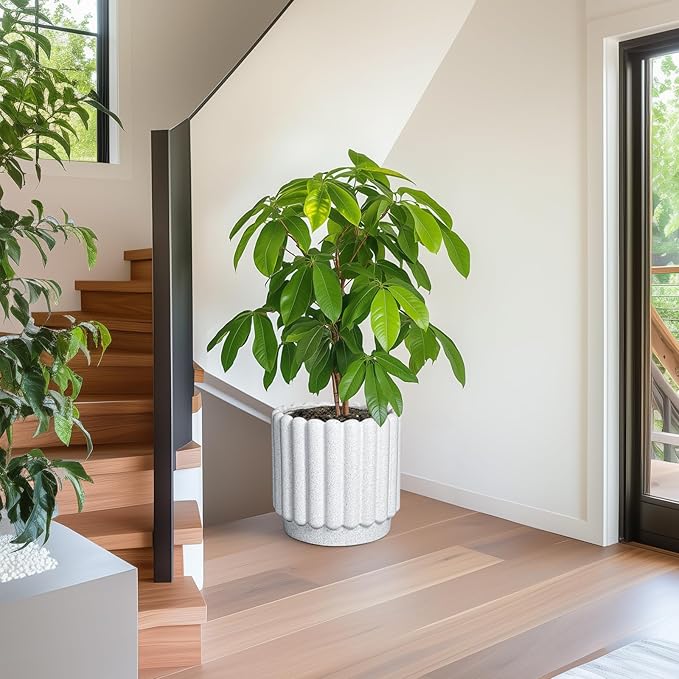 Ceramic Flower Pots - 12 Inch Plant Pot Indoor Outdoor, Fluted Large Ceramic Planters with Drainage Hole, Modern Round Planters, Apartment Decor, Plant Lover Gifts, White
