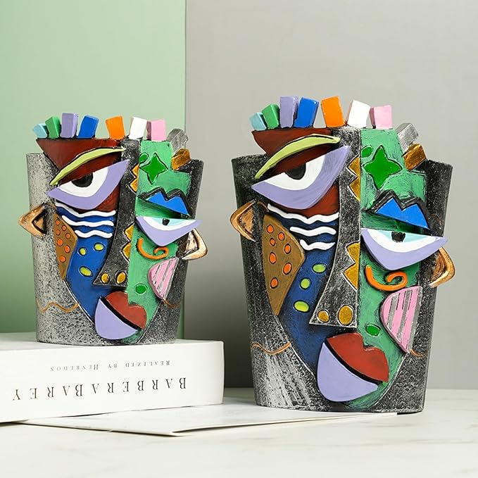 Picasso Face Planter Pots Abstract Art Colorful Flower Vase with Drainage Hole Unique Head Flower Pots for Home Balcony Decoration (S+L)