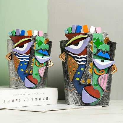 Picasso Face Planter Pots Abstract Art Colorful Flower Vase with Drainage Hole Unique Head Flower Pots for Home Balcony Decoration (S+L)