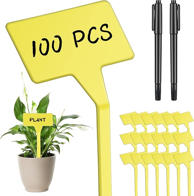 Yinkin 100 Pcs Large Plant Label Signs 11.8 Inch Plant Markers Plastic Garden Label Stakes Waterproof T Type Tags Nursery Garden Signs with Marker Pen for Flower Herb Pot(Yellow)