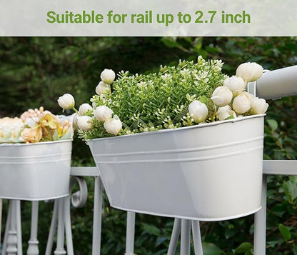 Dahey 4 Pcs Metal Iron Hanging Flower Pots for Railing Fence 15.7 Inch Hanging Bucket Pots Countryside Style Window Flower Plant Holder with Detachable Hooks for Garden Yard Home Decor, White
