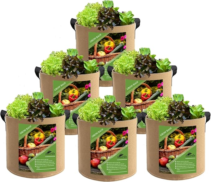 6 Pcs 5 Gallon Grow Bags for Vegetable, Brown Heavy Duty Thickened Nonwoven Fabric Pots with Handles, Durable Breathe Plant Container for Potato, Carrot, Onion, Flower, Indoor and Garden