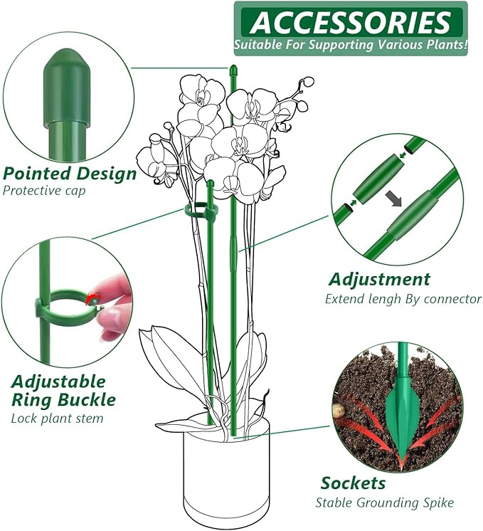 Plant Stakes for Indoor Plants,Toylin 15 Inch Plant Support Stick Orchid Stakes with Spikes and Clips, Plant Poles Extended to 3/4/5ft for Monstera Tomato Orchid Potted Plants Flower (20PCS Green)